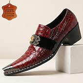 voordelige Mocassins de couro premium-Men's Red Croc-Embossed Strap Dress Shoes Pointed-Toe Statement Formal Footwear for Stylish Men, Weddings, Banquets, Parties and Stage Events