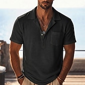 economico Polo Classico da Uomo-Per uomo Camicia di lino Polo Casuale Vacanza Colletto cubano Manica Corta Vacanza Moda Semplice Testurizzato Bottoni Puro Estate Primavera Vestibilità regolare Blu Nero Bianco Verde chiaro Verde