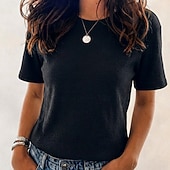 cheap Plain tee-Women's Waffle T-shirt Tee Top Solid Color Vintage Fashion Stylish Short Sleeve Crew Neck Regular Tops Casual Daily Going out Black White Navy Blue Brown Apricot Summer Spring