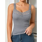 baratos Tanque Simples-Mulheres Top de emenda de renda Tanque Estriado Côr Sólida à moda Sem Manga Correias Decote V Tops regulares Casual Esportes Para Noite Preto Branco Cinzento Verão