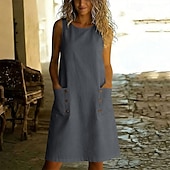 cheap Plain Dress-Women's Vintage Vacation Plain Sleeveless Crew Neck Knee Length Dress Loose Fit dark brown Black Dark Red Navy Blue Spring