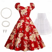 billige Outfits-Set 1950s Retro Vintage Rockabilly Tea Length Knee Length Dress Petticoat Tea Dress with Accessories Floral Fit &amp; Flare Swing Fancy Dress Women's Christmas Carnival New Year Revival Tea Party Adults'