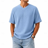 abordables Camiseta de malha waffle-Men's Waffle T-shirt T Shirt Tee Top Short Sleeve V Neck Summer Spring All Seasons Solid Color Streetwear Stylish Casual Tassel Fringe Patchwork Casual Daily Outdoor Light Blue Light Green Top Tee