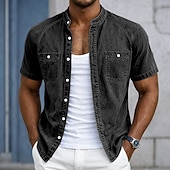 abordables Chemises décontractées intelligentes pour hommes-Chemise Homme SoftFade™ Chemise Décontractée Chemise Décolorée Teinte Vêtements 100% Coton Chemise Délavée Bleue Noire Rose Violet Verte Manches Courtes Col Grandad Uni Quotidien Patchwork