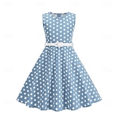 cheap Dresses-1950s Retro Vintage Rockabilly Tea Length Dress Swing Dress Flare Dress Sleeveless Polka dots Fit &amp; Flare Fancy Dress Girls' Masquerade Tea Party Casual Daily Kid's Dress Belt Spring &amp; Summer