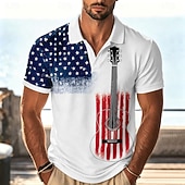  4. Juli 2026 250. Herren Amerikanische US-Flagge Gitarre Poloshirts Kurzarm Polo-Shirts Hemden mit Kragen Lässig Athleisure Festivalkleidung 3D-Druck Knöpfe Atmungsaktives Gewebe Sommer Frühling Blau