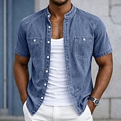 abordables Chemises décontractées intelligentes pour hommes-Chemise Homme SoftFade™ Chemise Décontractée Chemise Décolorée Teinte Vêtements 100% Coton Chemise Délavée Bleue Noire Rose Violet Verte Manches Courtes Col Grandad Uni Quotidien Patchwork