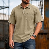 abordables Polo classique pour homme-SoftFade™ Men's Polo Shirts 100% Cotton Acid Wash Shirt Casual Holiday Lapel Short Sleeve Fashion Basic Plain Pocket Distressed Summer Spring All Seasons Dark Brown Black Light Green Pink Navy Blue