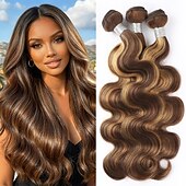 baratos 3 conjuntos de extensões de cabelo natural-3 pacotes de cabelo humano ondulado, 18, 20 e 20 polegadas, com mechas, cor p4/27.