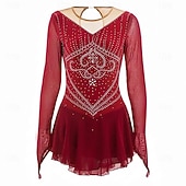 baratos Figure Skating Dresses-Figure Skating Dress Women's Ice Skating Dress Burgundy Patchwork Thumbhole Stretchy Training Competition Skating Wear Classic Crystal / Rhinestone Long Sleeve Ice Skating Figure Skating