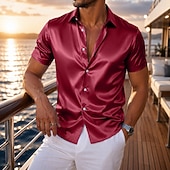 economico Camicie in raso da uomo-Per uomo Camicia Camicia in raso Camicia elegante Camicia con Bottoni Matrimonio Formale Blu chiaro Nero Bianco Vino Manica Corta Collo ripiegato Estate Abbigliamento Classico