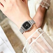 baratos Relógios Quartz-Women's Square Quartz Watch with Silver Mesh Strap, Minimalist Black Dial Ladies Fashion Watch, Elegant Vintage Small Face Wrist Watch for Women Girls, Birthday Gift for Her