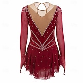baratos Figure Skating Dresses-Figure Skating Dress Women's Ice Skating Dress Burgundy Patchwork Thumbhole Stretchy Training Competition Skating Wear Classic Crystal / Rhinestone Long Sleeve Ice Skating Figure Skating