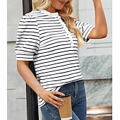 voordelige Effen t-shirt-Dames T-shirt Grafisch Gestreept Modieus Casual Korte mouw Overhemdkraag Lange tops Casual Dagelijks Weekend Zwart en Wit Groen en wit Zwarte abrikoos Xingka Zomer Lente