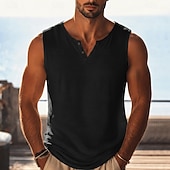 abordables Débardeurs-Homme Débardeur en lin T-shirt sans manches Chemise de batteur de femme Sans manches Col en V Henley Été Uni Mode Basique Bohème Mince Flexible Occasionnel Plage Vacances Noir Violet Vert T-shirt
