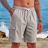 cheap Holiday-Men's Shorts Linen Shorts Summer Shorts Beach Shorts Drawstring Elastic Waist Multi Pocket Plain Comfort Soft Knee Length Daily Outdoor Beach Vacation Fashion Khaki Black Inelastic
