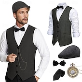 baratos Men's 1920s Costumes-Roaring 20s 1920s Retro Vintage Outfits Waistcoat Accesories Set Gentleman Gangster Fancy Dress Men's Halloween Carnival New Year Carnival Party / Evening Masquerade Adults' Cravat Vest Hat