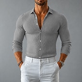 billiga Smart Casual skjortor för män-Herr Skjorta Ribbad stickad Casual skjorta Knapp upp skjorta Svart Vit Grå Ljusblå Långärmad Slät Tröjkrage Ledigt Dagligen Kläder Elegant Mode Ledigt Trendig