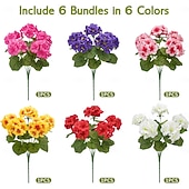  6 Bundles Artificial Geraniums Silk Artificial Flowers for Outdoor Indoor, Realistic UV Resistant Faux Geraniums, Fake Plants for Patio Porch Yard Garden Cemetery Home Table Centerpiece Decor