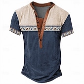 levne Vintage &amp;amp; Retro-Pánské Geometrický Americká americká vlajka Geleneksel Tričko Tričko Henley Trička Krátký rukáv Designové Základní Cikánské Ležérní Denní Venkovní Léto Jaro Jezerní modrá Světle zelená Námořnick
