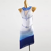 お買い得  競技用ドレス-ラテンサルサダンスドレス、ラインストーンタッセル付き、女性用トレーニングパフォーマンスノースリーブルンバタンゴダンスコスチューム