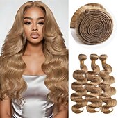 baratos 3 conjuntos de extensões de cabelo natural-3 pacotes de cabelo humano, cor castanho claro (27#), com ondas suaves de 18, 20 e 20 polegadas.