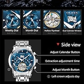 preiswerte Mechanische Uhren-Luxuriöse, automatische Herrenuhr, zweifarbiges Edelstahlgehäuse, blaues Zifferblatt im Skelett-Tourbillon-Stil, selbstaufziehende Business-Armbanduhr mit Großdatum, 24-Stunden-Anzeige, wasserdicht