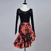 cheap Competition Dress-Leopard Print Latin Dance Dress - Long Mesh Sleeve Performance Wear  Orange &amp; Black Salsa Samba Competition