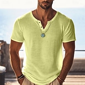 billiga grundläggande t-shirts-Herr T-shirt Stickad T-shirt T-tröja Kortärmad V-hals Sommar Ensfärgat Mode Lättvikt Grundläggande Nät Stickat Slät Ledigt Semester Gata Blå Svart Ljusgrön Topp t-shirt för män