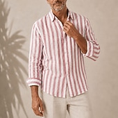 abordables Clásico-Camisa de lino a rayas para hombre – manga larga con botones para las vacaciones de verano