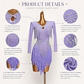 ieftine rochie de concurs-Rochie de dans latino cu ciucuri, rochie de competiție pentru femei, rochie de antrenament, mânecă lungă, talie înaltă, spandex