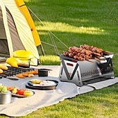 baratos Grills &amp; Outdoor Cooking-Conjunto de churrasqueira dobrável para uso externo com 2 peças, incluindo fogão a cartucho de aço inoxidável e fogão a carvão portátil, perfeito para camping, trilhas, festas no jardim, piqueniques,