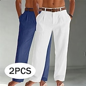 baratos Clássico-Homens Calças de linho Calças Calça verão Calças largas Calças de praia Bolsos Tecido Conforto Respirável Comprimento total Casual Diário Ao ar livre Moda Negócio Bege + preto Branco+Azul Marinho Sem