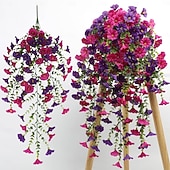 cheap Artificial Flower-2PCS UV Resistant Artificial Morning Glory Hanging Flowers, Vibrant Purple and Red-Purple Plastic Faux Flowers for Porch, Garden, Wedding and Outdoor Decor, Weatherproof and Realistic Floral Decoration