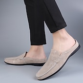 baratos Socas e Mules para Homem-Mocassins masculinos bege perfurados, modelo slip-on, leves e confortáveis, ideais para uso diário, viagens, dirigir e momentos de lazer no verão.