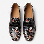 abordables Chaussures Déclaration-Mocassins à enfiler noirs à motif floral pour homme, chaussures habillées élégantes à bride vernie, parfaites pour les mariages, les banquets, les fêtes et les soirées raffinées.