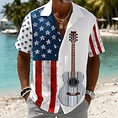  Men's 4th of July U.S. 250th Anniversary Guitar American Flag Shirt Cuban Collar Shirt Tropical Shirts Short Sleeve Patriotic Vacation Holiday Summer Spring Camp Collar Shirt 3D Print Button Up Shirts