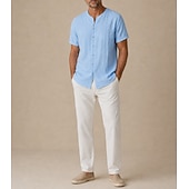 billige Street-Men's Summer Linen Shirt - Soft Breathable Short Sleeve - Blue