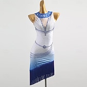 お買い得  競技用ドレス-ラテンサルサダンスドレス、ラインストーンタッセル付き、女性用トレーニングパフォーマンスノースリーブルンバタンゴダンスコスチューム