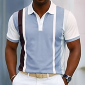 baratos Polo Geométrico Masculino-Homens Tiras verticais Linha Camisas Polo Manga Curta Camisas polo Camisas de colarinho Casual Roupa Esportiva Impressão 3D Botões Malha Respirável Primavera Verão Azul Roxo Marron