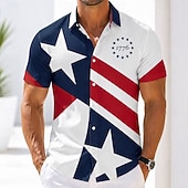  Herr 4 juli USA:s 250-årsjubileum Amerikanska flaggan 1776 Skjorta Sommarskjorta Knapp upp skjorta Kortärmad Patriotisk Utomhus Festival Sommar Vår Nedvikt 3D-utskrift krage skjortor Blå Vit 1 Vit
