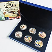  Conjunto de 6 moedas comemorativas do 250º aniversário dos EUA em caixa de presente, moedas patrióticas para colecionadores de 1776 a 2026, lembrança do Dia da Independência, moedas históricas
