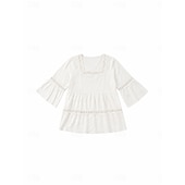abordables Chemises-Haut classique en coton et lin pour femme, élégant, à empiècements de dentelle et volants superposés, manches 3/4, col carré, coupe droite, idéal pour un look décontracté au quotidien. Disponible en