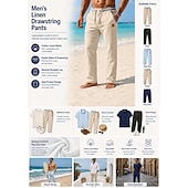 cheap Holiday-Men's Linen Pants Summer Pants Drawstring Elastic Waist Straight Leg Plain Comfort Breathable Full Length Casual Daily Beach Vacation Fashion Blue Black Inelastic