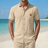  Herren Hemd Leinenhemd Sommerhemd Strandhemd Einfach Lässig Täglich Blau Schwarz Marineblau Khaki Kurzarm Kragen Sommer Frühling Bekleidung Patchwork