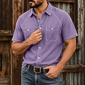 baratos Men's Work Shirts-SoftFade™ Men's Shirt Casual Shirt Acid Wash Shirt Garment Dyed Black Light Green Blue Purple Green Short Sleeve Plain Shirt Collar Casual Daily Clothing Apparel Elegant Fashion Casual
