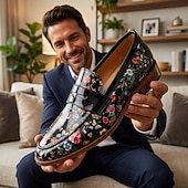 abordables Chaussures Déclaration-Mocassins à enfiler noirs à motif floral pour homme, chaussures habillées élégantes à bride vernie, parfaites pour les mariages, les banquets, les fêtes et les soirées raffinées.