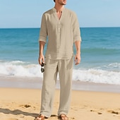 economico Camicie di lino-Per uomo Due pezzi Camicia popover Set Camicia E Pantaloni Impostare Semplice Casuale Quotidiano Vacanza Scollo a V Manica Lunga Estate Primavera Moda Casual Confortevole Abbigliamento
