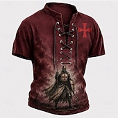  Men's Knights Templar Crusaders Cross Henley Shirt T shirt Tee Short Sleeve T shirt 3D Print Lace Up Neck Henley Shirt Religious Daily Festival Black Red Khaki Spring & Summer Clothing Apparel S M L