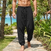 preiswerte Urlaub-Herren Leinenhosen Hose Sommerhose Baggy-Hosen Kordelzug Elastischer Bund Einfarbig Einfach Komfort Atmungsaktiv Volle Länge Täglich Outdoor Ferien Urlaub Mode Khaki Cachi scuro Unelastisch